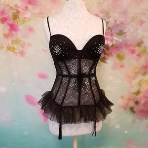 Vintage Victoria's Secret Tulle Mesh Rhinestone 36C Corset Costume Lingerie